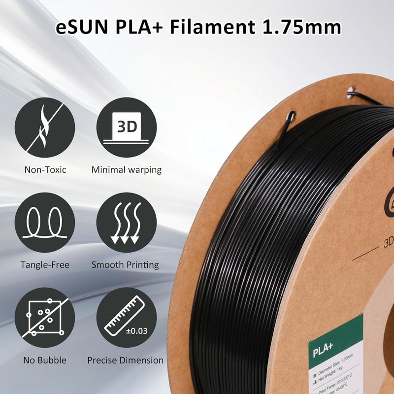 eSUN خيوط PLA+ 1.75 مم سوداء 1 كجم، خيوط طابعة ثلاثية الأبعاد بدقة أبعاد +/- 0.03 مم، بكرة كرتونية 1 كجم (2.2 رطل) لخيوط الطباعة ثلاثية الأبعاد، تناسب معظم طابعات FDM ثلاثية الأبعاد - Image 2